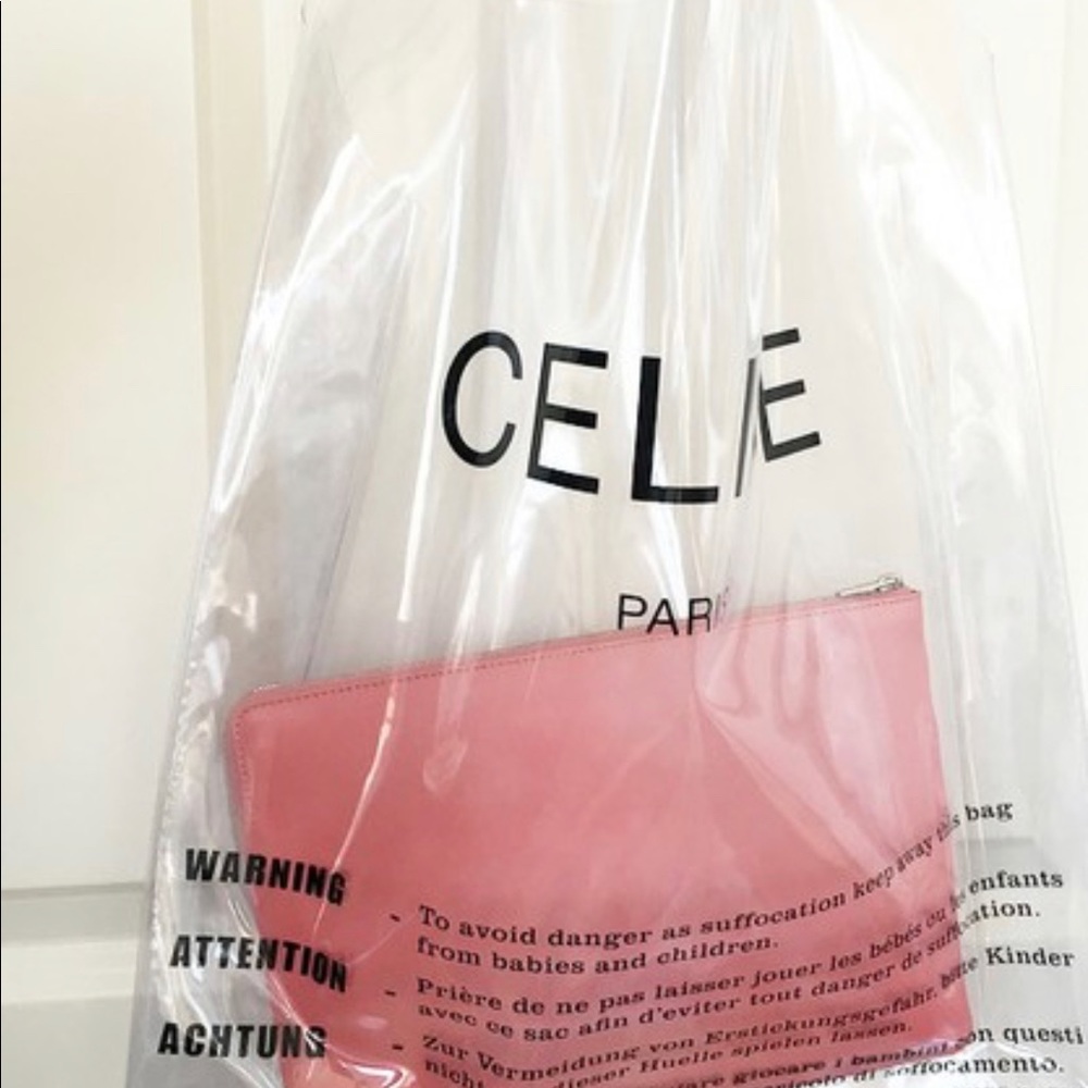 Celine Clutch Pouch rose leather&clear pvc tote - Picture 16 of 16